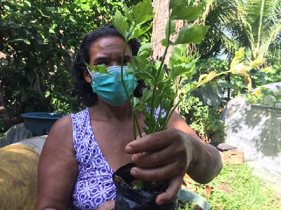 Frau mit Maske, die eine Strauch festhält