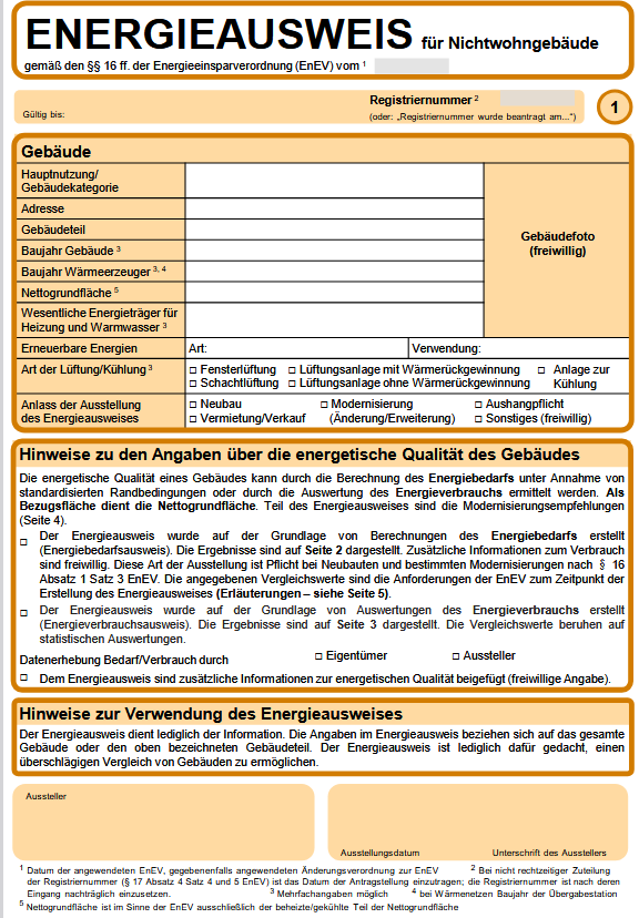 Darstellung Energieausweis für Nichtwohngebäude